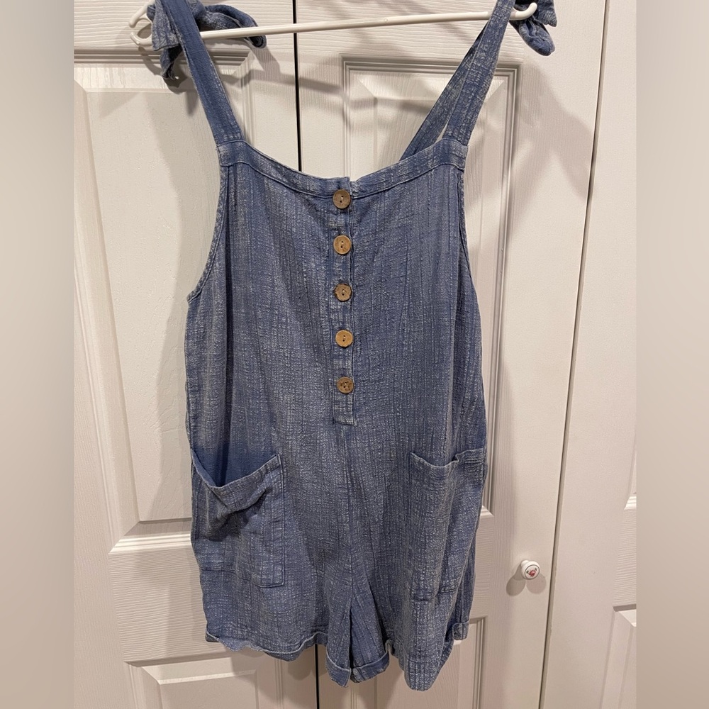 Ocean Drive Blue Tie-Shoulder Romper with Button Front